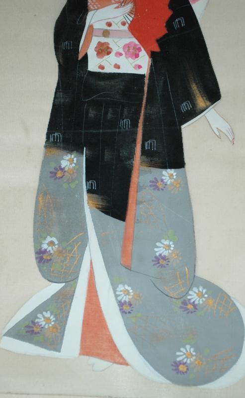 Japanese Silk Painting Bejin Geisha , Signed. 21.5