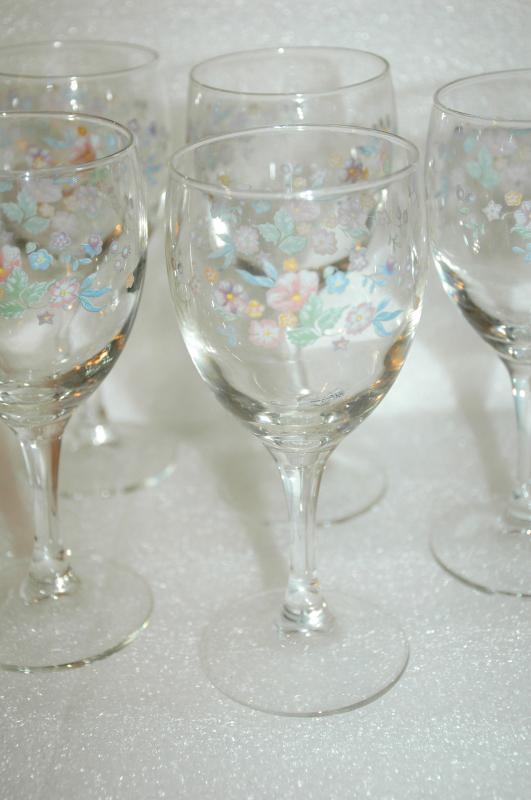 Luminarc Hand Painted Spring Flowers on Stemware Wine Glasses x 7