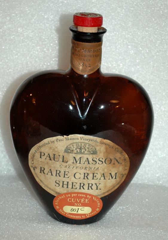 HEART Shape Vintage Brown Glass Paul Mason Rare Sherry Bottle with orig label and cork