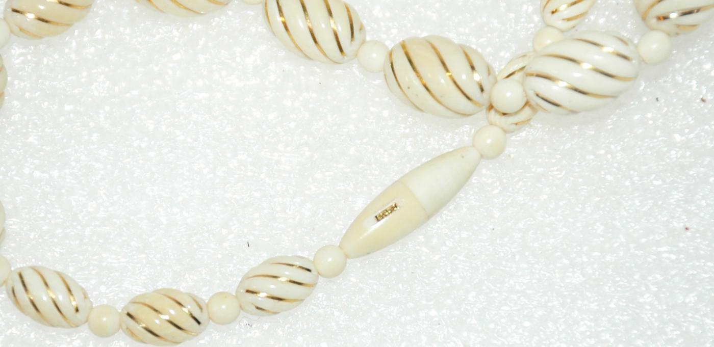 14K Gold & Antique Twisted Pre-Ban Ivory Beaded Necklace Estate Piece