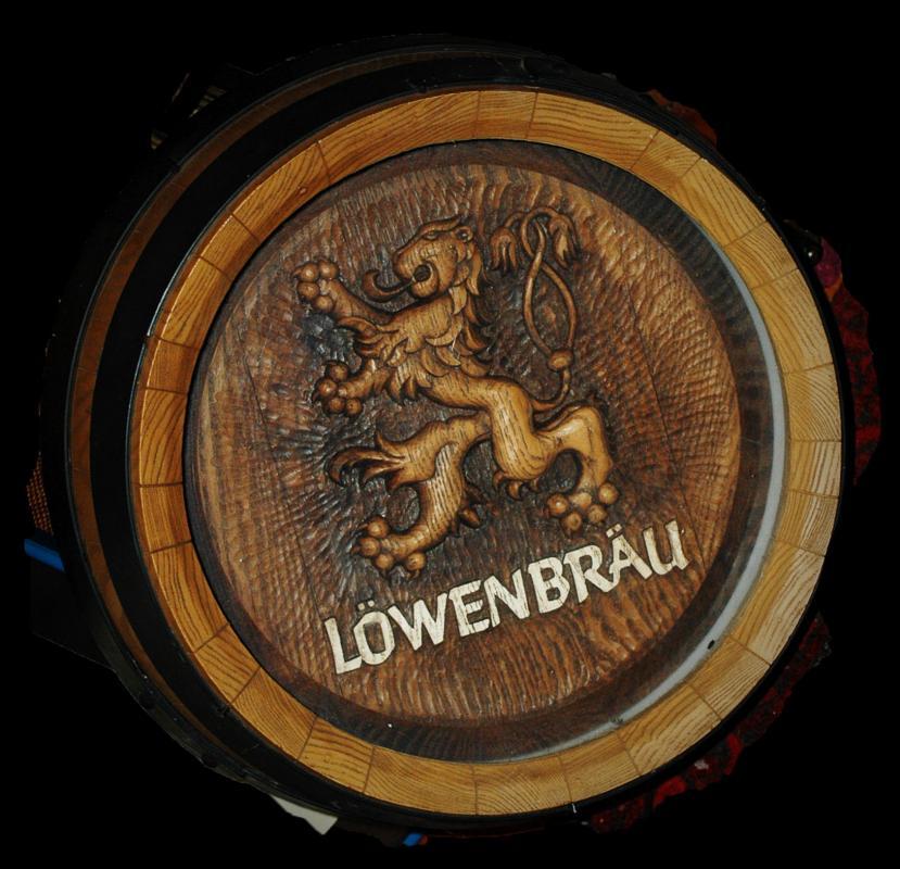 Lowenbrau Beer Lighted Wood Barrel Top Keg Bar Sign