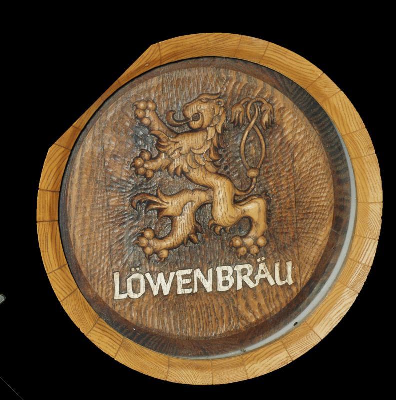 Lowenbrau Beer Lighted Wood Barrel Top Keg Bar Sign