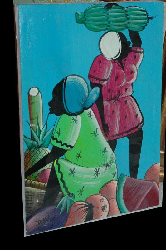 ORIGINAL D. ROBERTS JAMAICA ART CANVAS OIL PAINTING Fruit Market Ladies Signed Ethnic Art