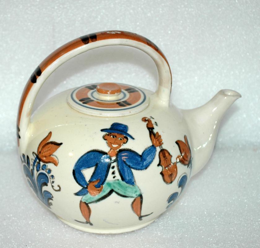 Ethnic Folk Art Pudgy Tea Pot Teapot From Denmark Mandolin / Fiddle Players Signed Marra 35