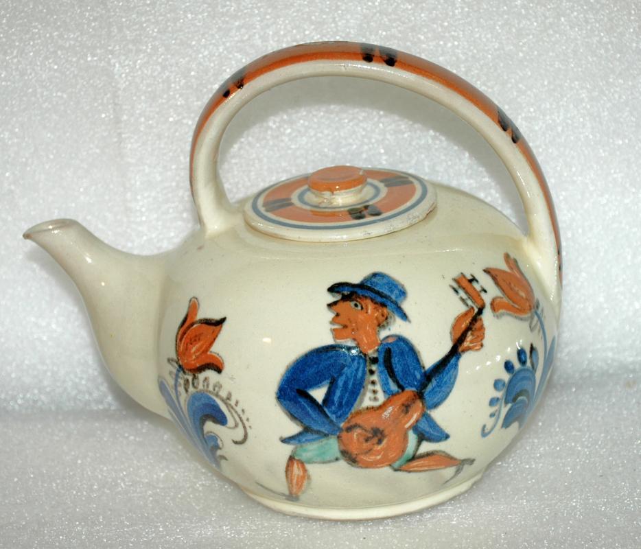 Ethnic Folk Art Pudgy Tea Pot Teapot From Denmark Mandolin / Fiddle Players Signed Marra 35