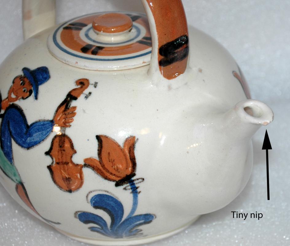 Ethnic Folk Art Pudgy Tea Pot Teapot From Denmark Mandolin / Fiddle Players Signed Marra 35