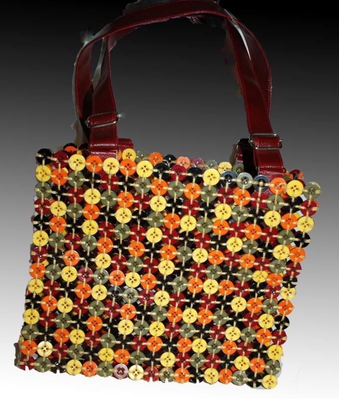 Button Hand Bag, Tote, Purse Colorful Fun of Woven Multi Colored Buttons.