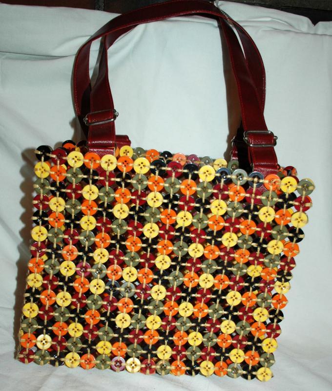 Button Hand Bag, Tote, Purse Colorful Fun of Woven Multi Colored Buttons.