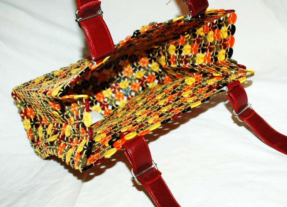 Button Hand Bag, Tote, Purse Colorful Fun of Woven Multi Colored Buttons.