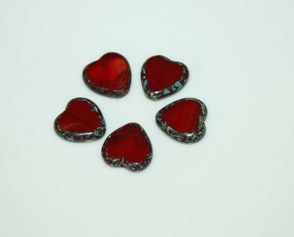 Czech Glass Beads Heart 15mm Oxblood or Garnet Red Picasso Lot of 5