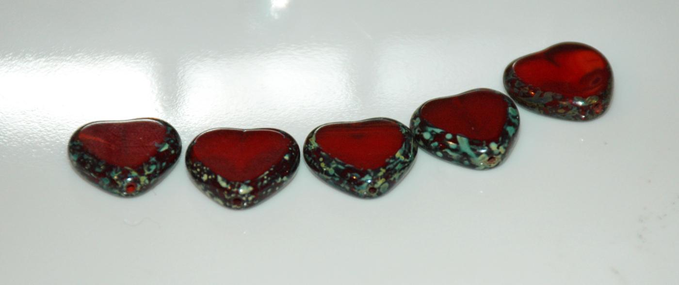Czech Glass Beads Heart 15mm Oxblood or Garnet Red Picasso Lot of 5