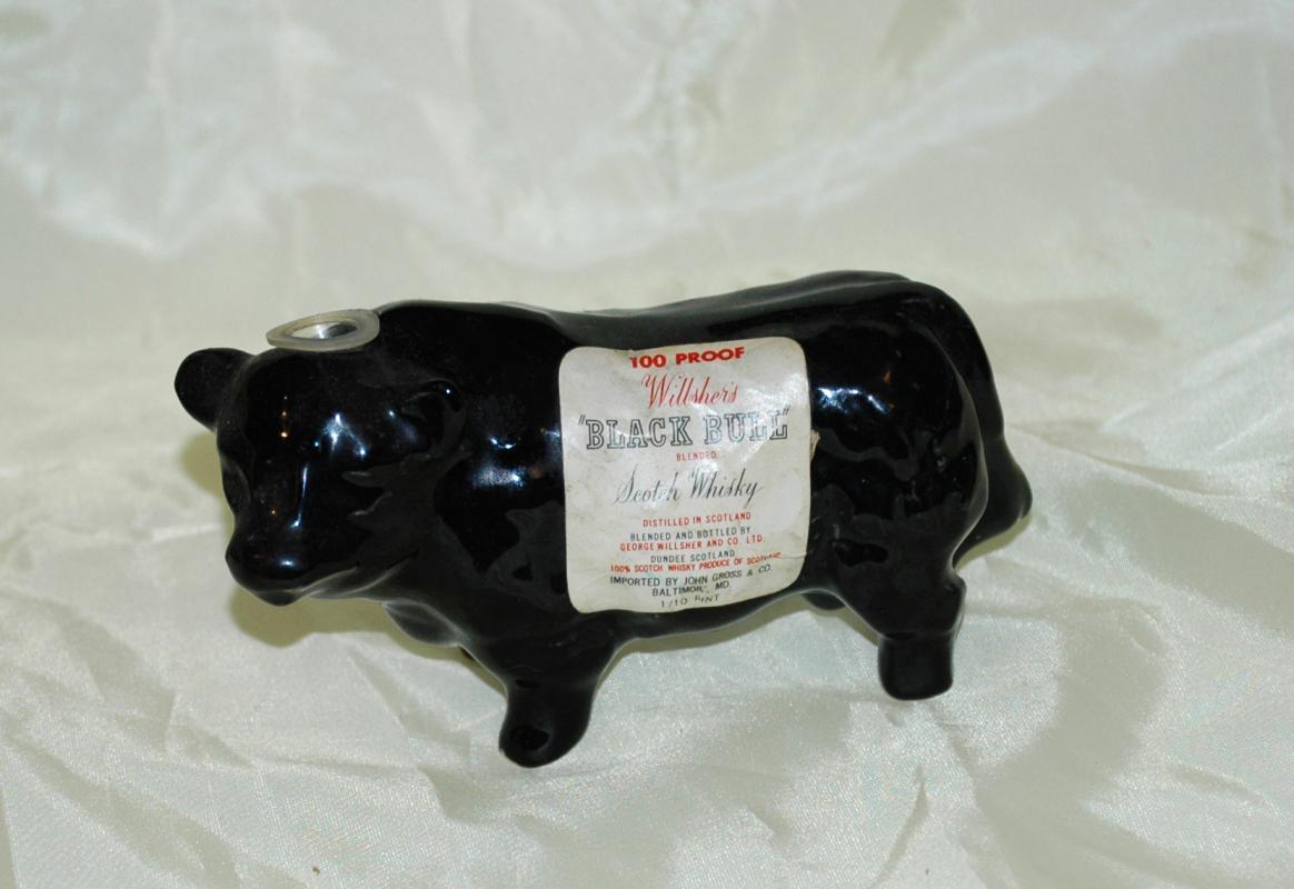 RARE WILLSHER'S BLACK BULL FIGURAL MINI WHISKEY BOTTLE