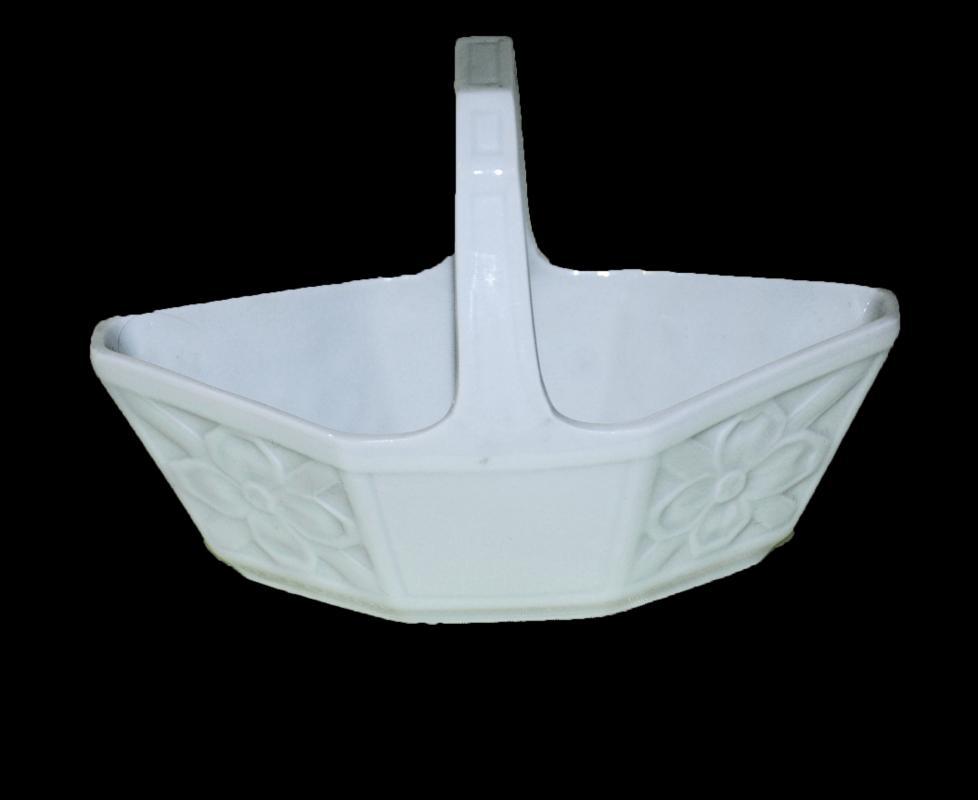 Limoges France White Porcelain Handled Basket / Geometric Ovate Paneled
