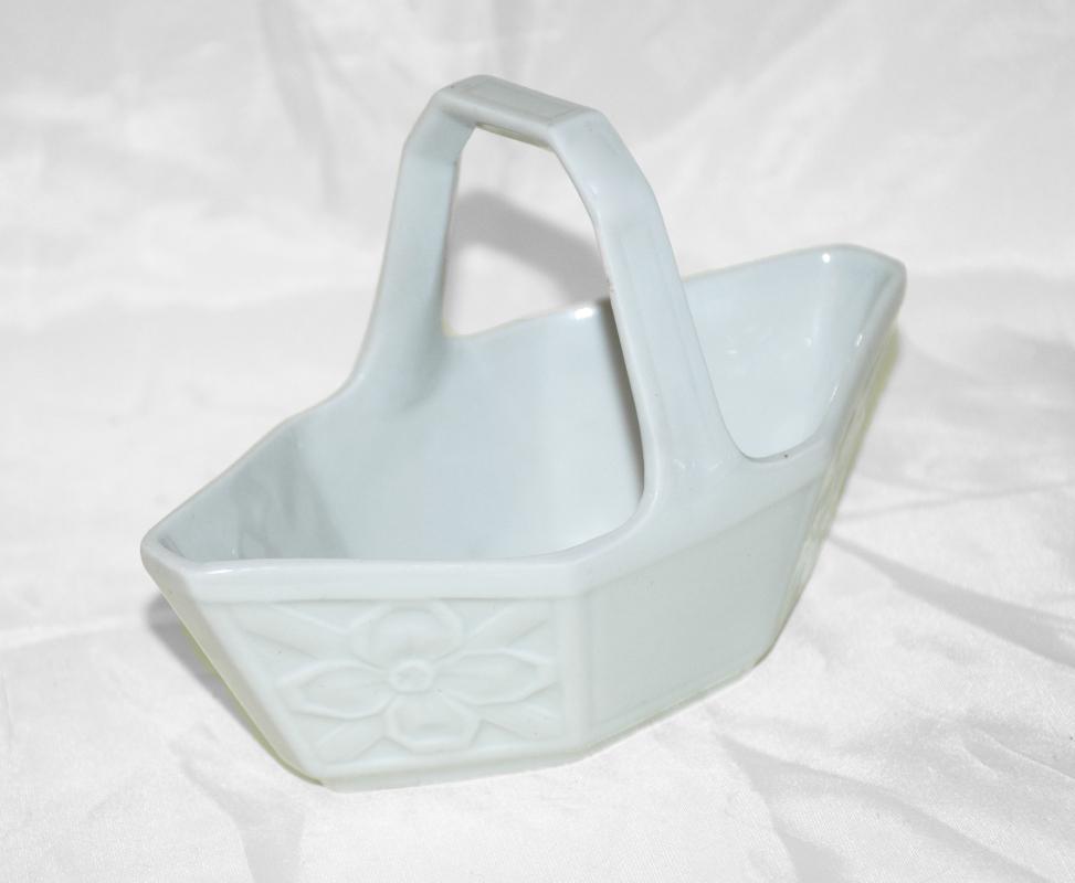 Limoges France White Porcelain Handled Basket / Geometric Ovate Paneled