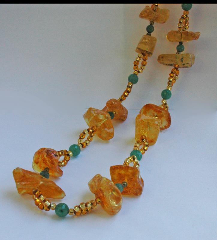 Raw Chunky Amber Jadeite and Aventurine Stone Necklace, Hand Crafted