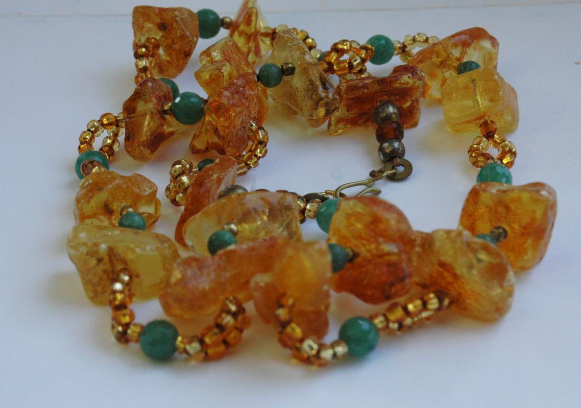 Raw Chunky Amber Jadeite and Aventurine Stone Necklace, Hand Crafted