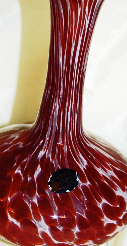 Murano Stretched Red/ White Spatter Glass Vase , White Crystal Italy