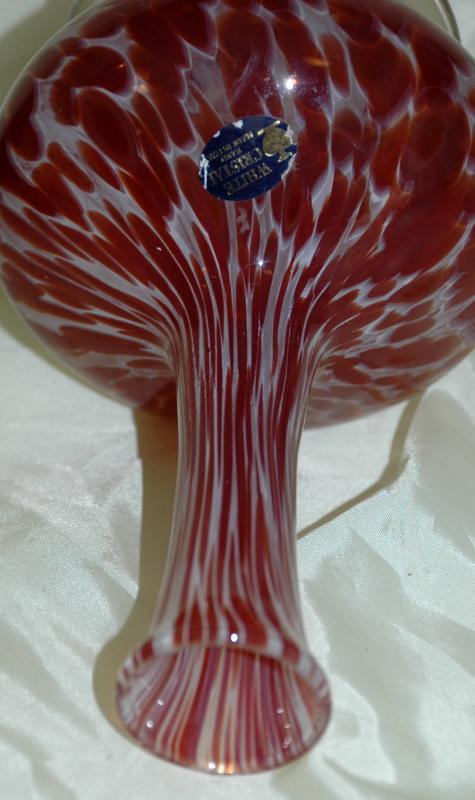 Murano Stretched Red/ White Spatter Glass Vase , White Crystal Italy