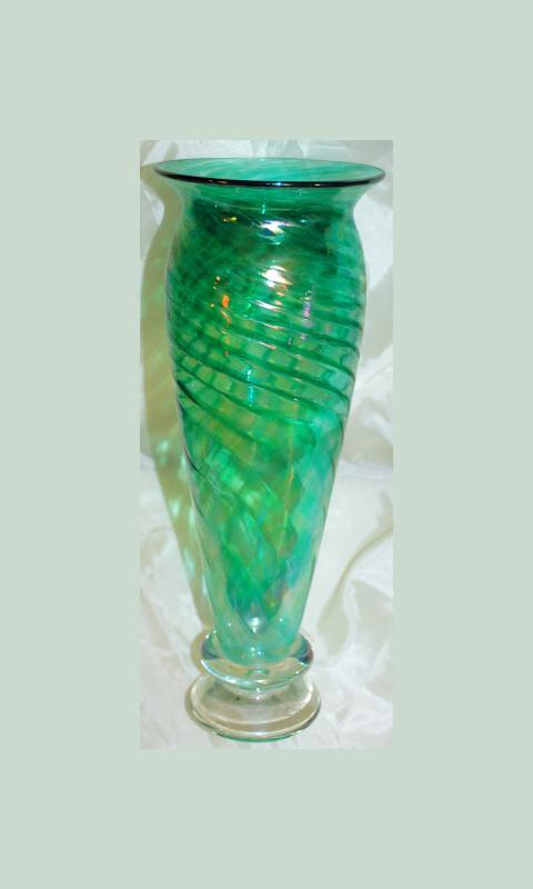 ED BROADFIELD GLASS Green Iridescent Swirl Art Glass Vase , Tall and Signed