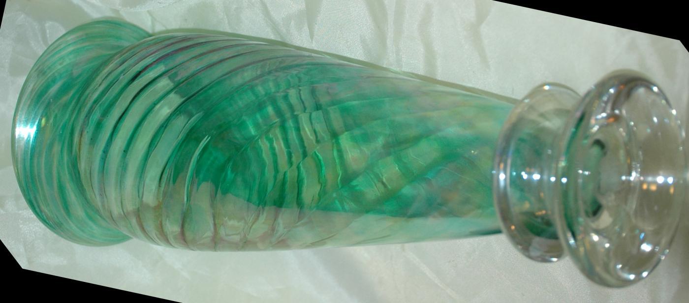 ED BROADFIELD GLASS Green Iridescent Swirl Art Glass Vase , Tall and Signed
