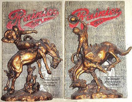 Pair of Rainier Beer Wall Plaque Sculptures CM Russell Very Old Rare Advertising