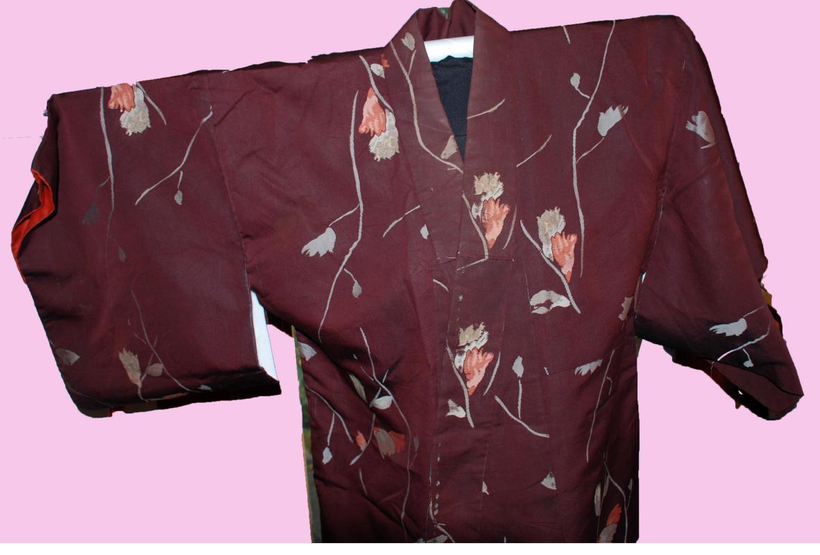 Vintage Japanese Kimono Silk Brown with Flowers