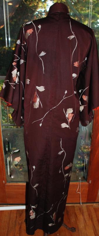 Vintage Japanese Kimono Silk Brown with Flowers