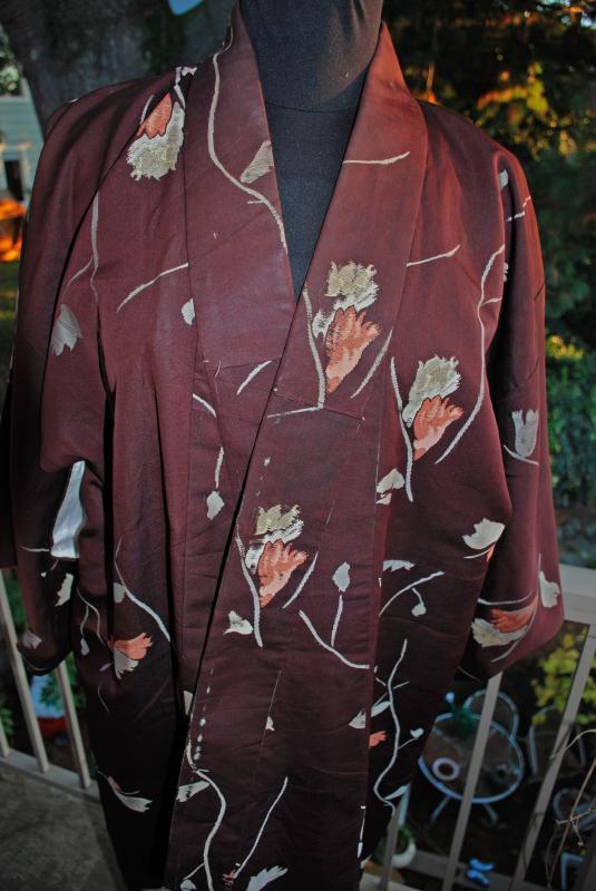 Vintage Japanese Kimono Silk Brown with Flowers