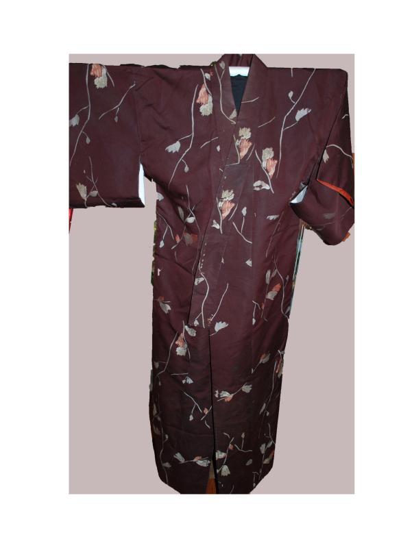 Vintage Japanese Kimono Silk Brown with Flowers