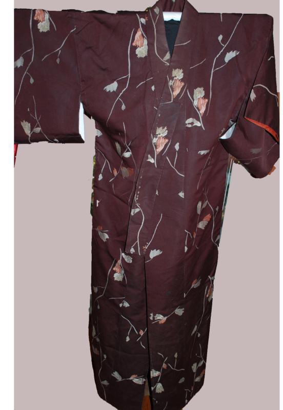 Vintage Japanese Kimono Silk Brown with Flowers