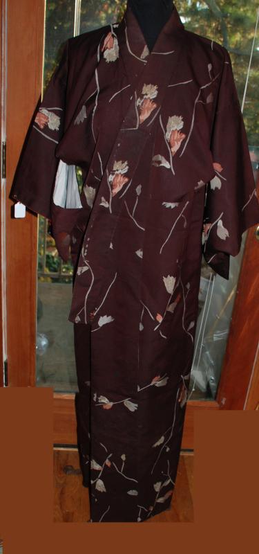 Vintage Japanese Kimono Silk Brown with Flowers