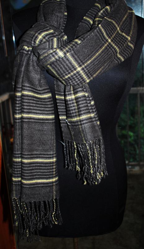 Long Cashmere Scarf Dark Grey with Yellow & Charcoal