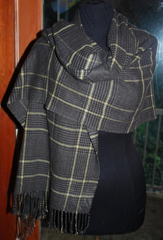 Long Cashmere Scarf Dark Grey with Yellow & Charcoal