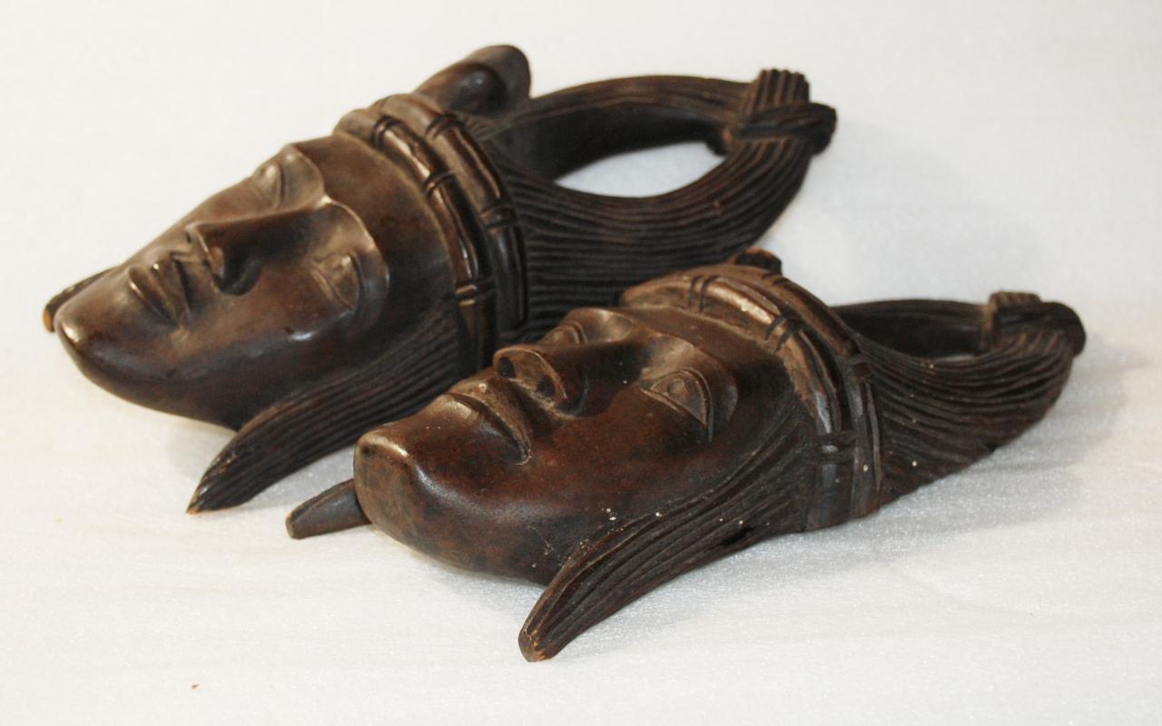Pair of Indochina Wood Carved Heads Wall Art / Antique