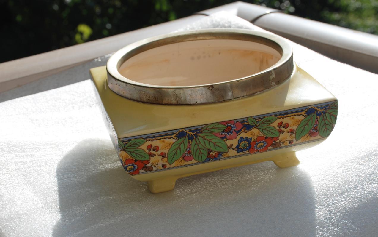 Lancaster & Sons Ltd Hanley England Footed Bowl, Yellow with Flowers and Leaves Art Deco Berry Bowl