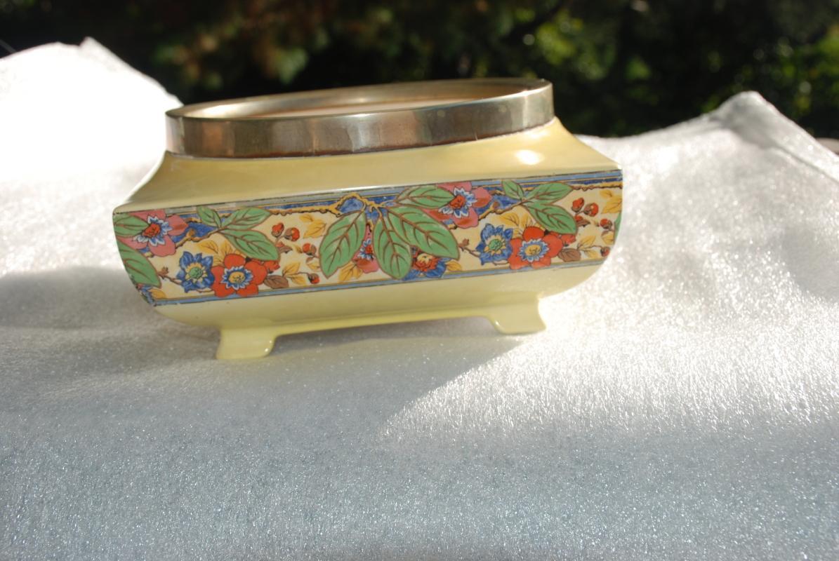Lancaster & Sons Ltd Hanley England Footed Bowl, Yellow with Flowers and Leaves Art Deco Berry Bowl