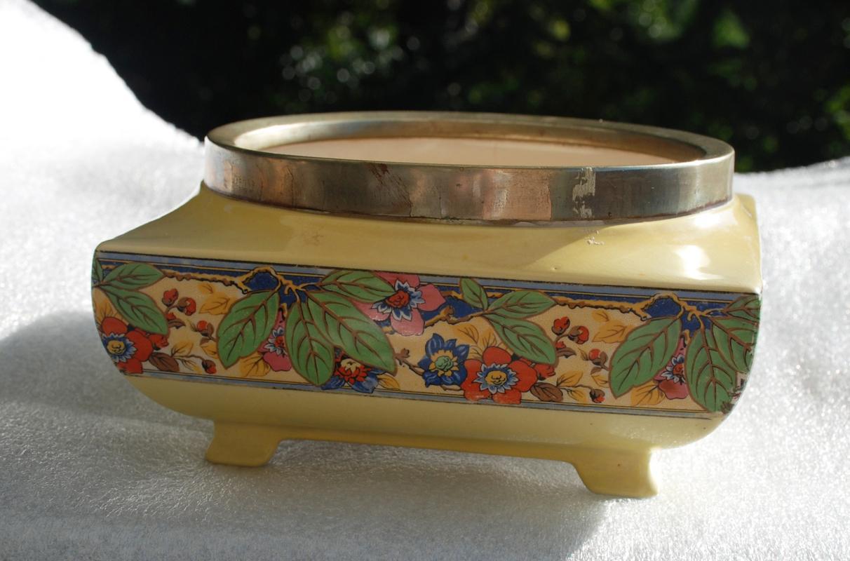 Lancaster & Sons Ltd Hanley England Footed Bowl, Yellow with Flowers and Leaves Art Deco Berry Bowl