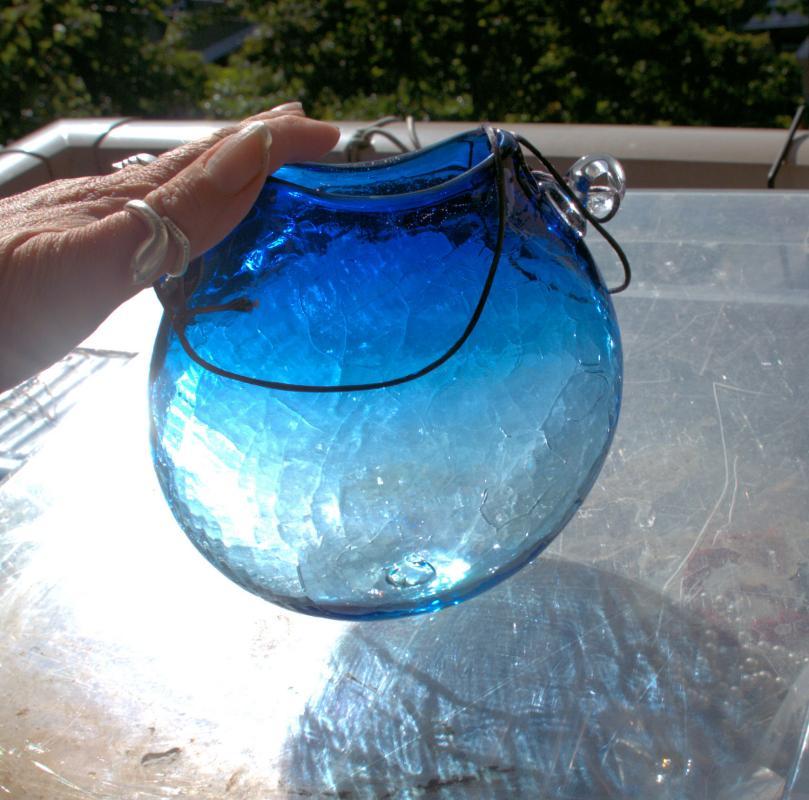 Blown Crackle Glass Flask, Hanging Vase Blue Signed 'Glass Art
