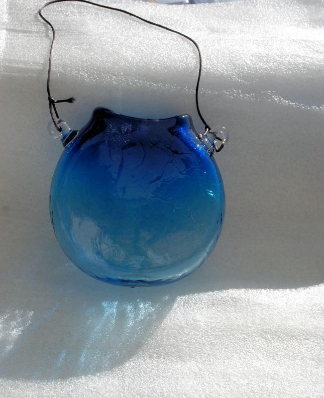 Blown Crackle Glass Flask, Hanging Vase Blue Signed 'Glass Art