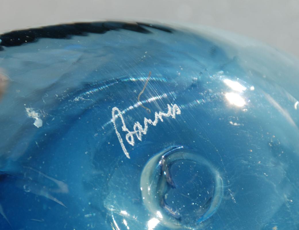 Blown Crackle Glass Flask, Hanging Vase Blue Signed 'Glass Art