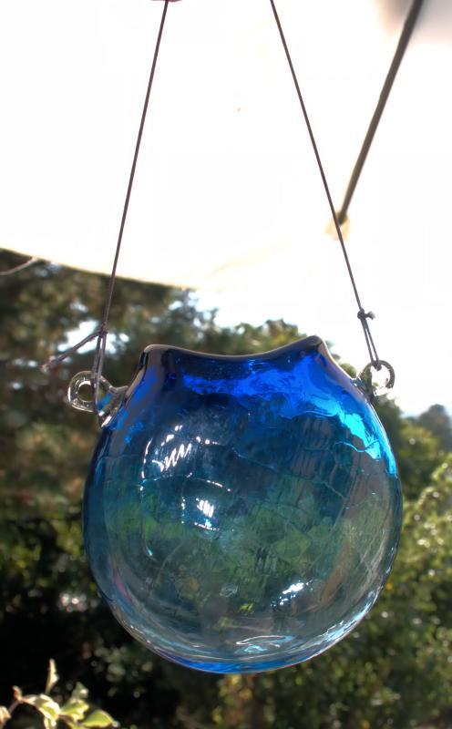 Blown Crackle Glass Flask, Hanging Vase Blue Signed 'Glass Art