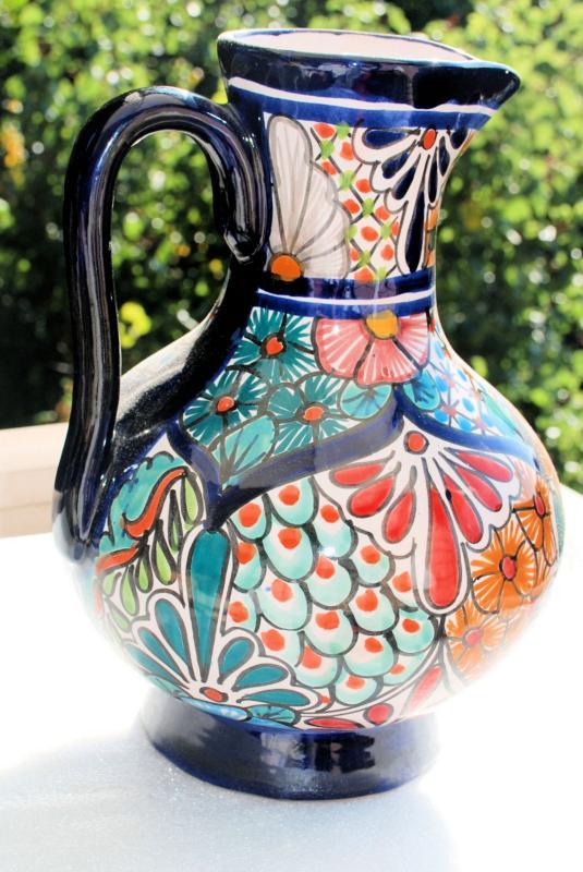 Talavera Pitcher, Large 12 1/ 2 inches Tall Cobalt Blue With Flowers Mexico,