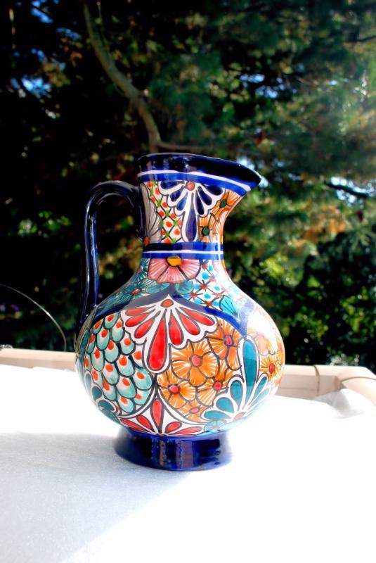 Talavera Pitcher, Large 12 1/ 2 inches Tall Cobalt Blue With Flowers Mexico,