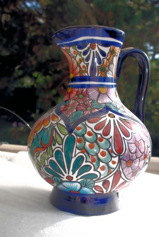 Talavera Pitcher, Large 12 1/ 2 inches Tall Cobalt Blue With Flowers Mexico,
