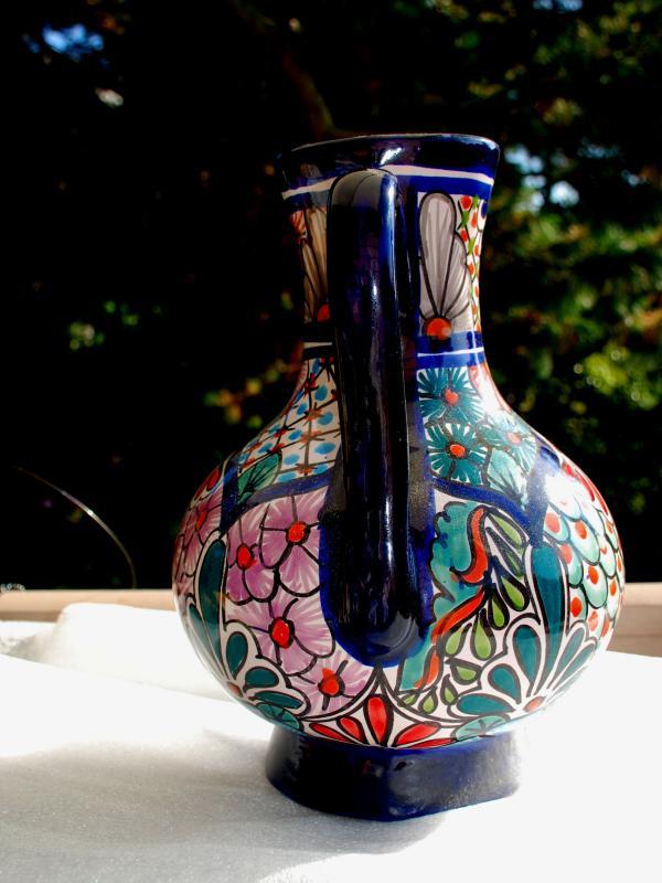 Talavera Pitcher, Large 12 1/ 2 inches Tall Cobalt Blue With Flowers Mexico,