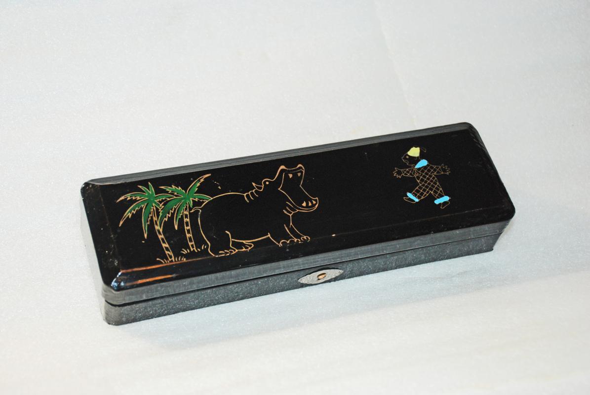 Black Lacquer Wood Pencil Box with Hippo & Fez Wearing Person Design