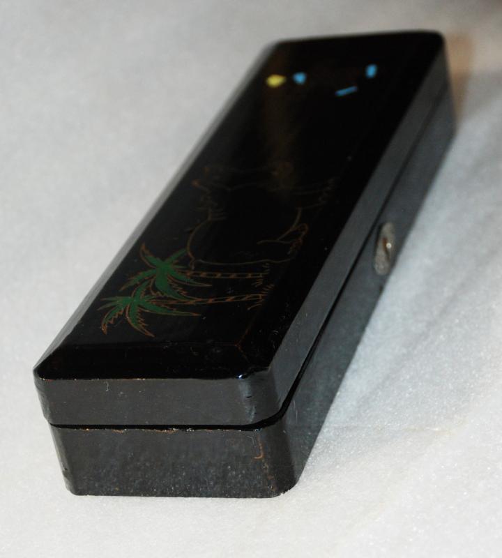 Black Lacquer Wood Pencil Box with Hippo & Fez Wearing Person Design