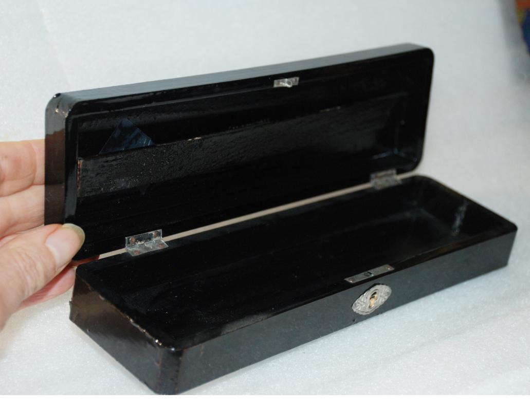 Black Lacquer Wood Pencil Box with Hippo & Fez Wearing Person Design