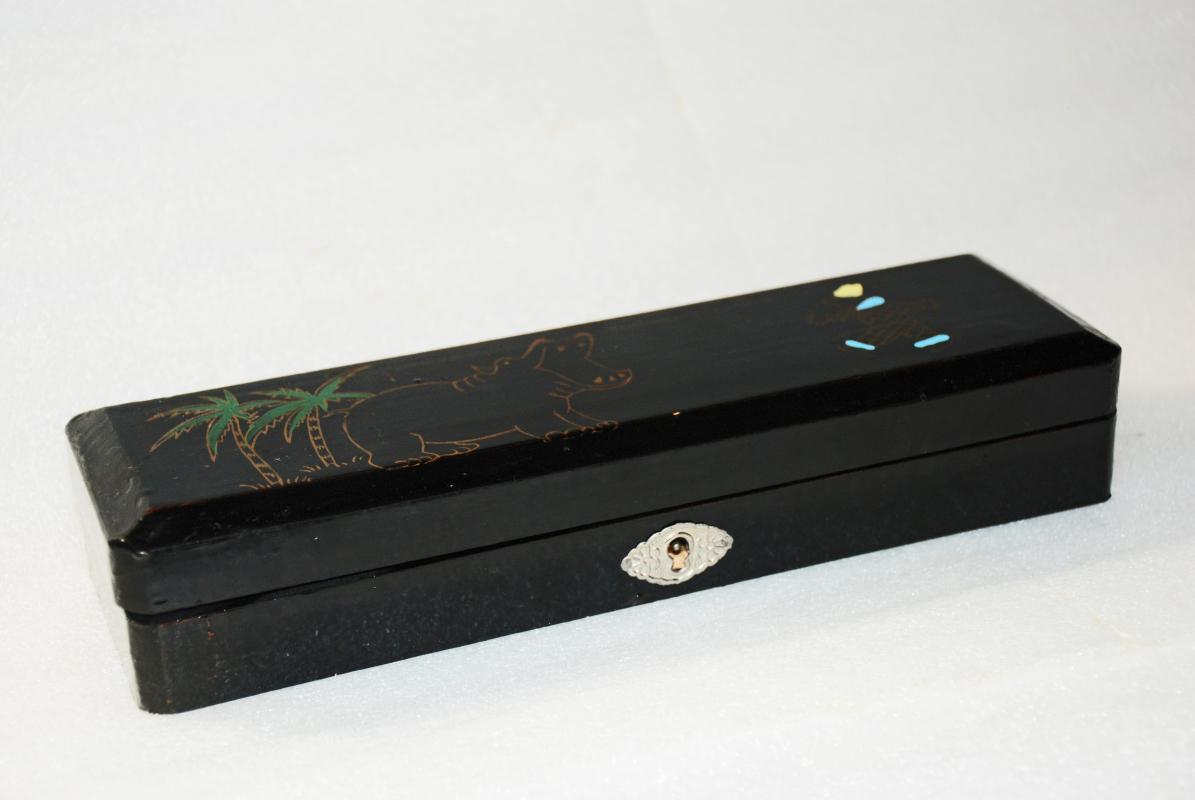 Black Lacquer Wood Pencil Box with Hippo & Fez Wearing Person Design