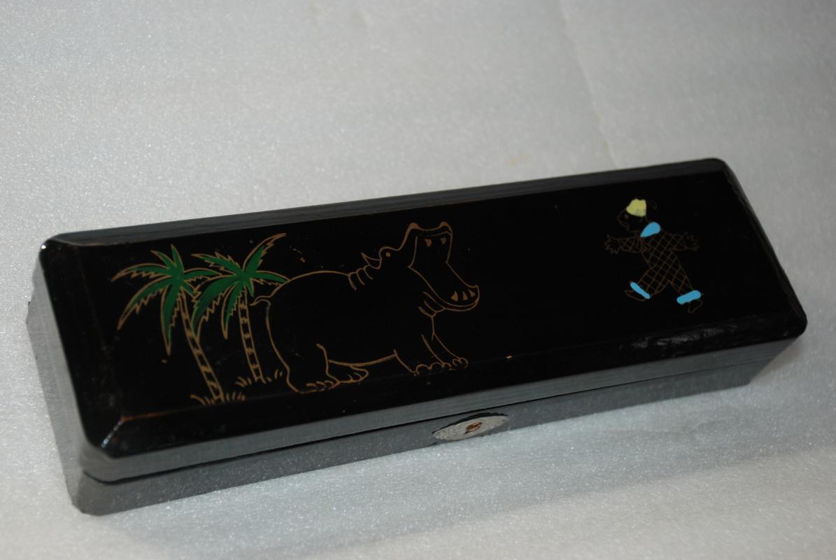 Black Lacquer Wood Pencil Box with Hippo & Fez Wearing Person Design